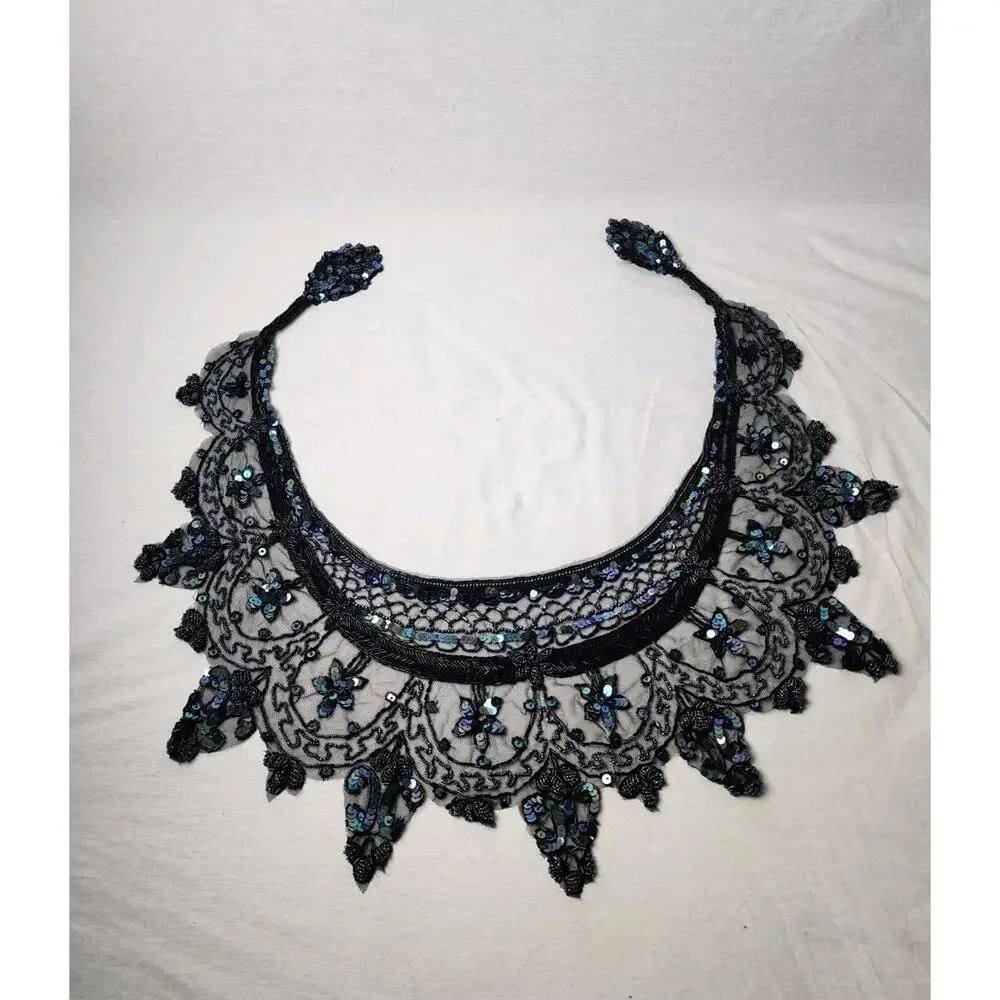 Black Iridescent Hand-Beaded Sequin Shawl Wrap Burlesque Shrug Capelet Old Money